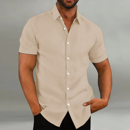 Fashion Men's Shirt Casual Breathable Lapel Solid Color Short Sleeve Shirt