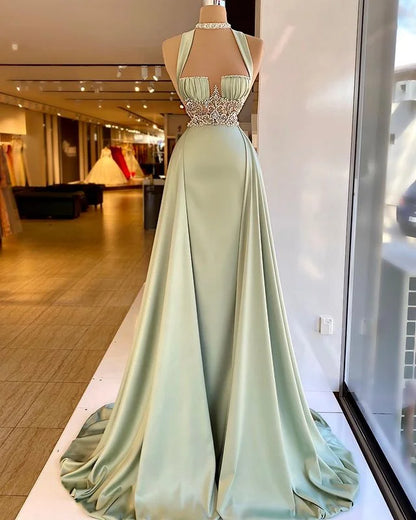 Elegant Halter Green Beads Prom Dress Long A Line Mermaid Dress HT0051