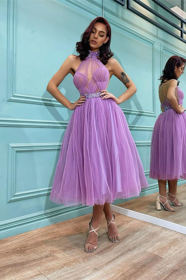 Lavender High Neck Short Tulle Prom Dress PD0544