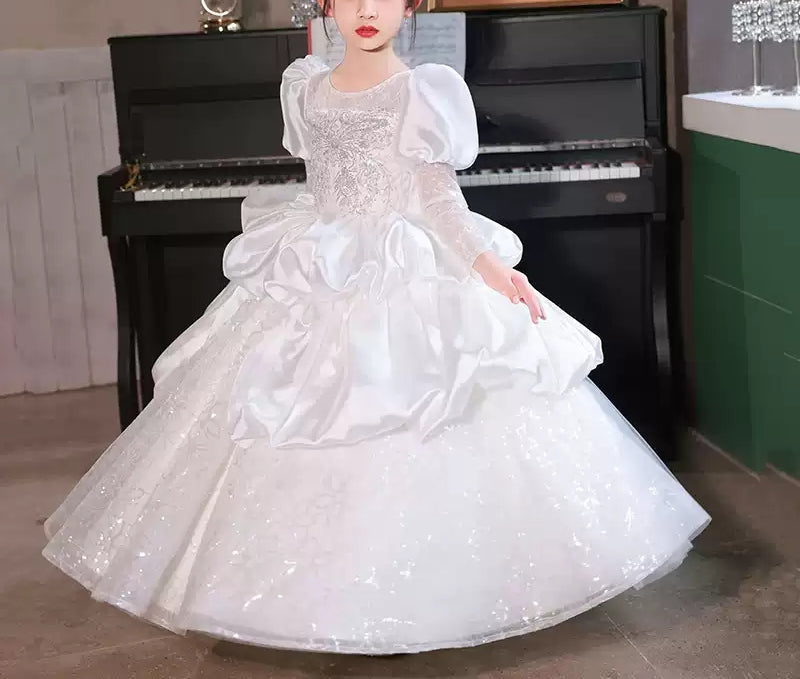 Ball Gown Long Sleeves Ruched Flower Girl Lace Party Dress with Crystal Appliques