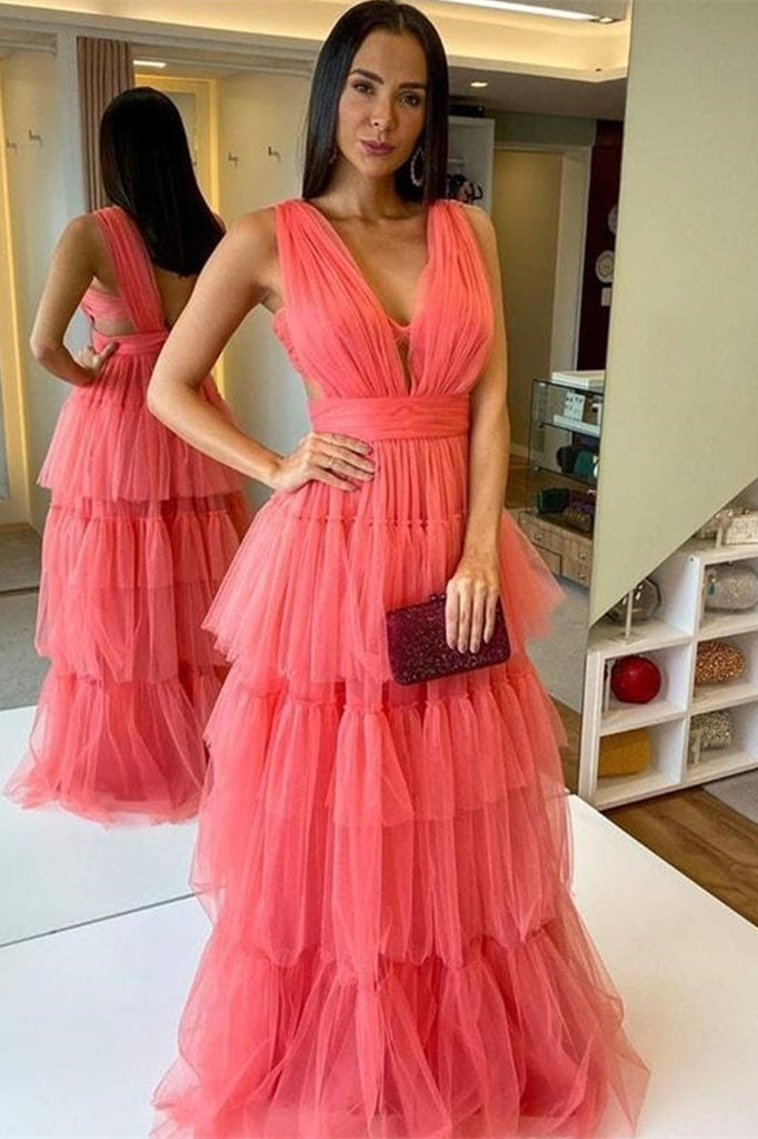 Watermelon Sleeveless Tulle Long Prom Dress PD0383