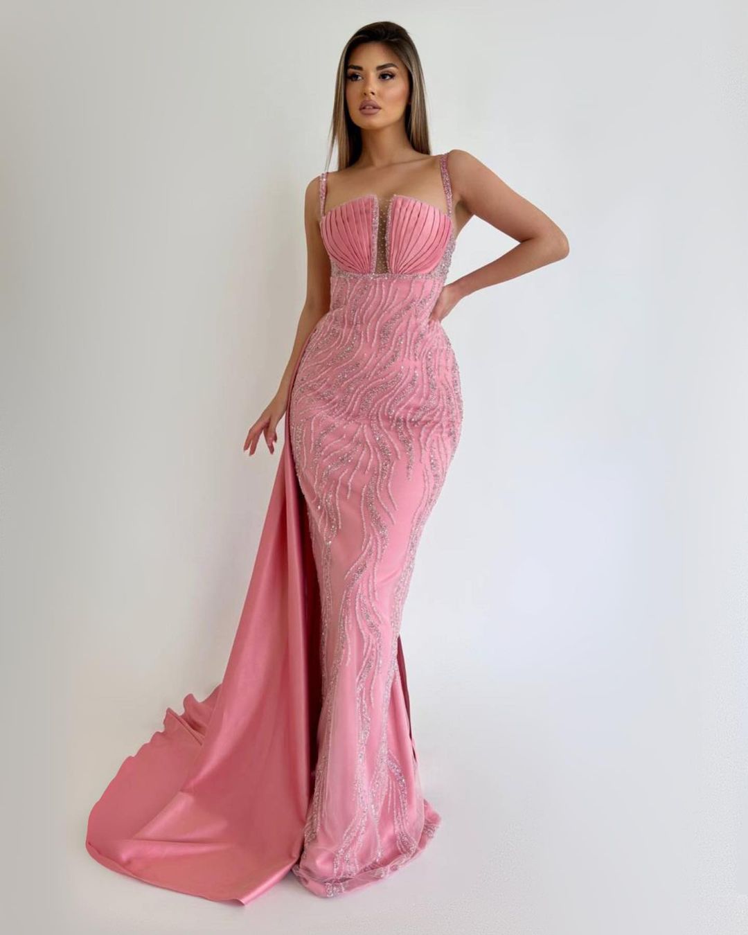 edgynewlook Pink Spaghetti Strap Sequins Beaded Sleeveless Mermaid Prom Dress with Ruffle