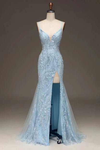 Elegant Sky Blue Sequins Prom Dress Long Sliming Dress YX0043