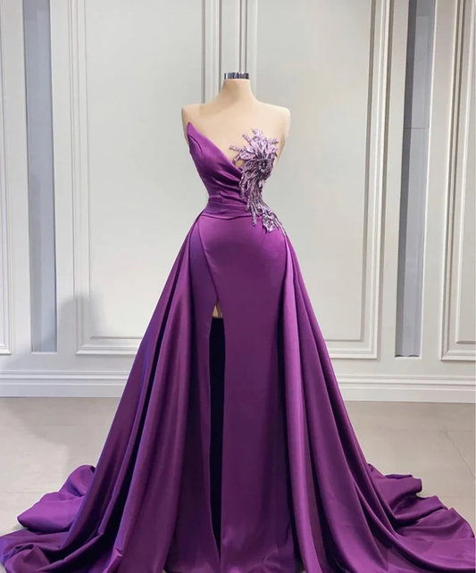 Purple high slit train mermaid dress wedding reception dress satin lace wedding dress ball gown evening dress gh2446