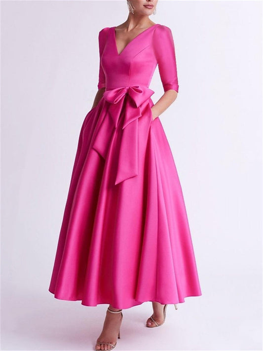 A-Line/Princess V Neck 3/4 Length Sleeve Tea Length Satin Mother of the Bride Dresses with Bow(s)