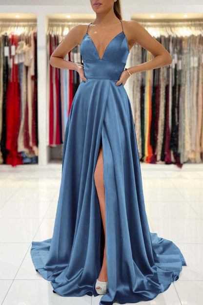 Royal Blue Spaghetti Strap V-Neck Prom Dress With Slit PD037