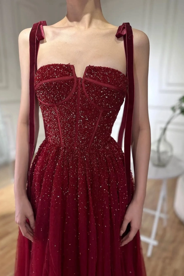 Burgundy Beaded Mesh Charming Prom Dress ZT0327