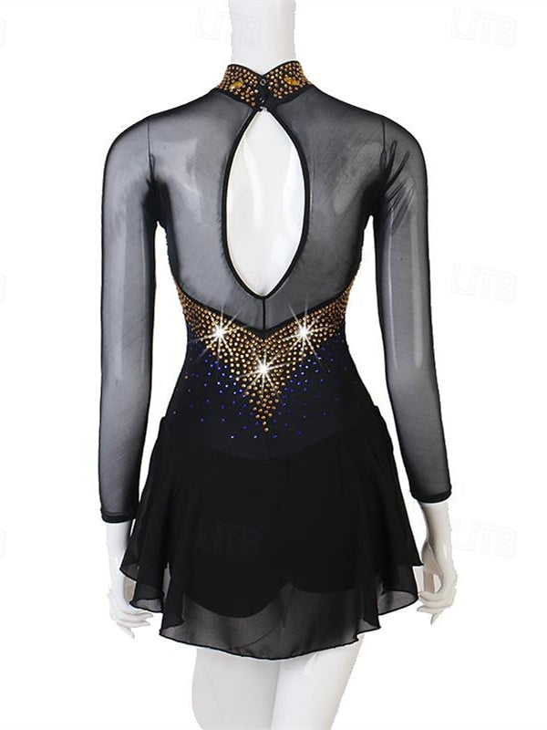 Dance Salsa Latin Dance Dress Rhinestone Women‘s Performance Training Long Sleeve High Spandex Tulle