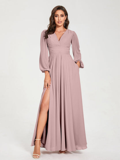 A-Line/Princess V-Neck Long Sleeves Floor-Length Bridesmaid Dresses with Pockets & Split Side