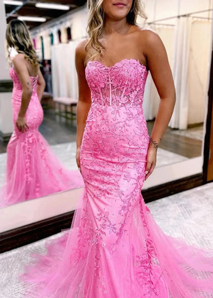 Pink Mermaid Sweetheart Neck Lace Long Prom Dress With Appliques