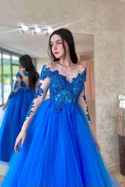 Amazing Royal Blue Long Sleeves Tulle Prom Dress With Appliques  ED0189