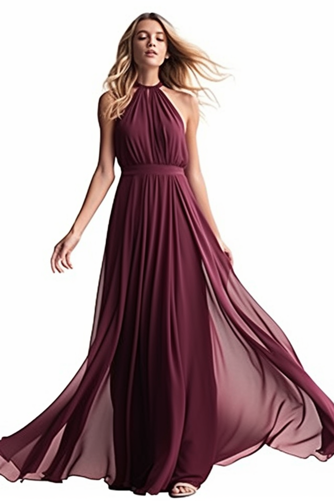 Chiffon Prom Dress Halter Purple Sleeveless Long Pleated XF09