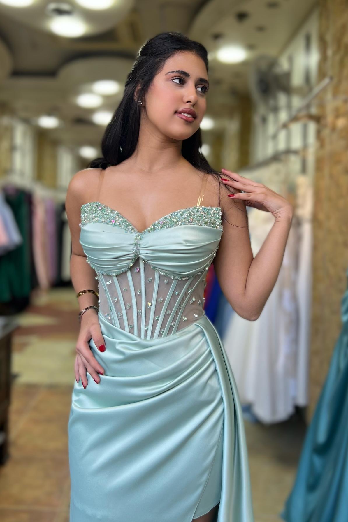 edgynewlook Charming Mint Green Satin Strapless Sleeveless Sweetheart Long Prom Dress with Beadings