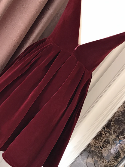 Wine Red Velvet Short V Back Homecoming Dress Party Dress, Dark Red Short Prom Dress gh63