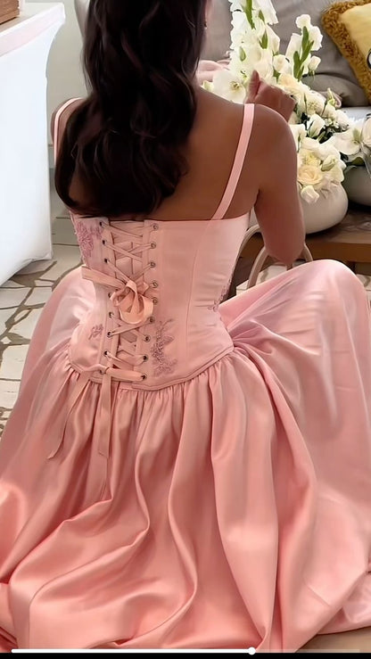 Elegant A Line Straps Pink Satin Long Length Prom Dresses Birthday Outfits C3553