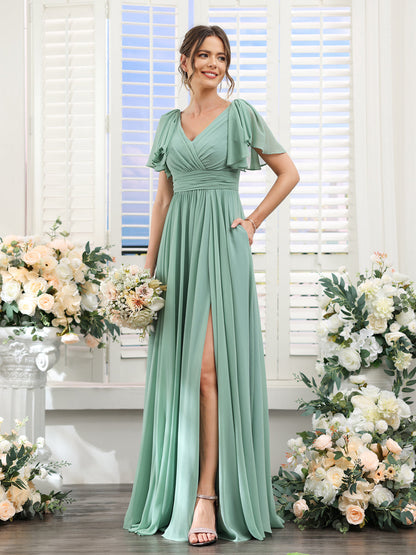 A-Line/Princess V-Neck Short Sleeves Chiffon Bridesmaid Dresses with Split Side & Pockets