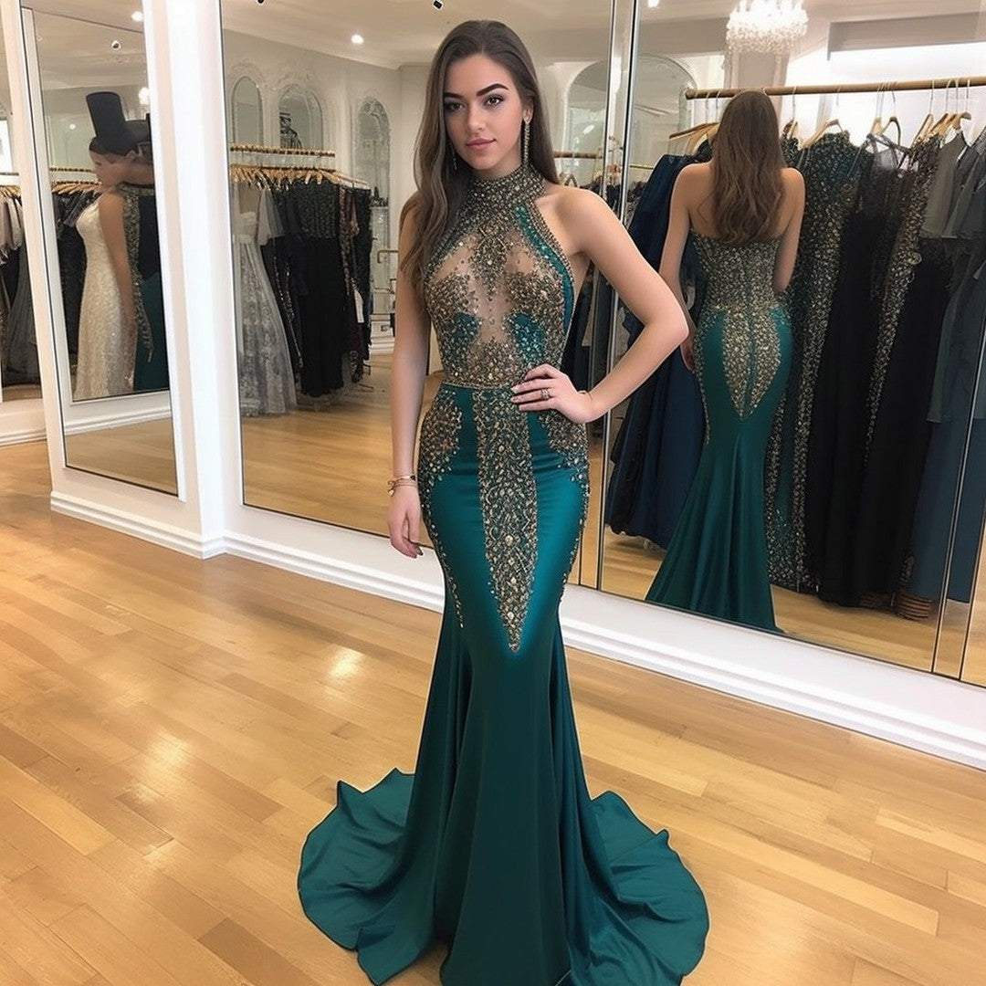 edgynewlook Dark Green Halter Sleeveless Mermaid Sequins Beading Prom Dress