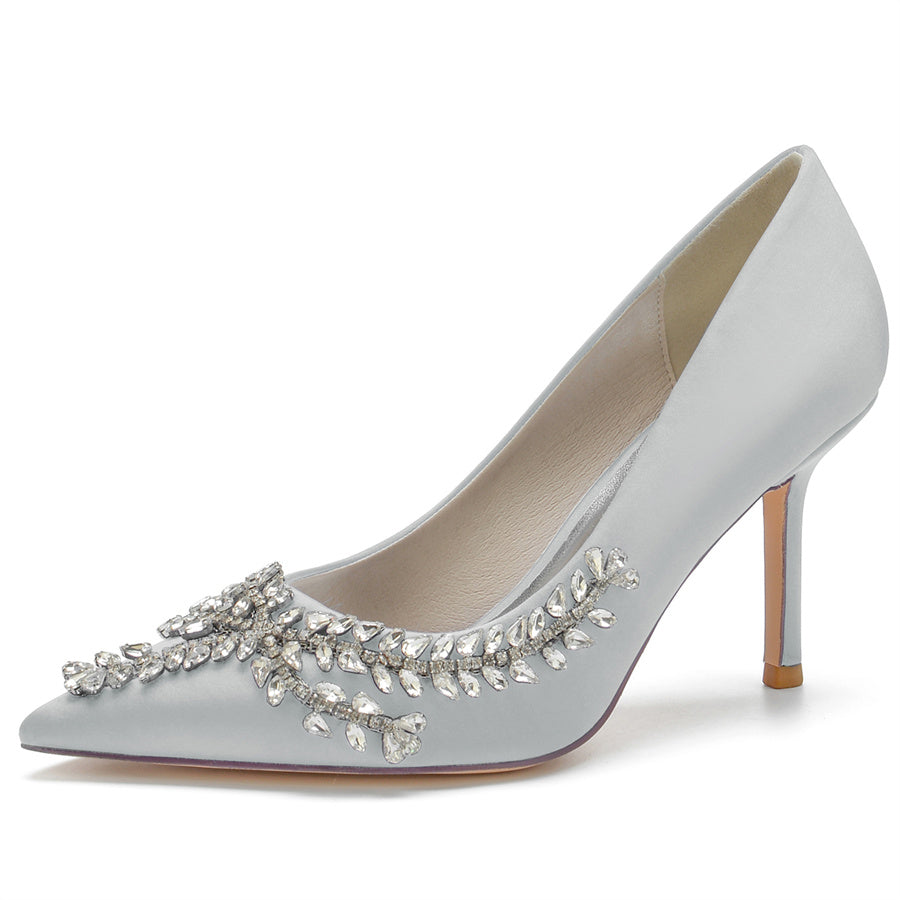 Women's Wedding Pointed Toe Silk Satin Stiletto Heel Bridal Shoes with Rhinestones