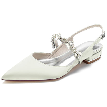 Women's Wedding Shoes Silk Satin Rhinestone Low Pointed Toe Buckle Bridal Shoes