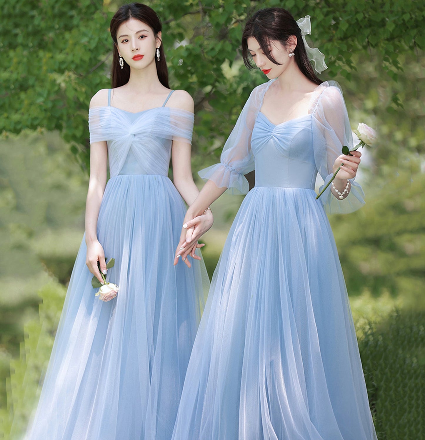 Blue tulle long A line prom dress bridesmaid dress  10047