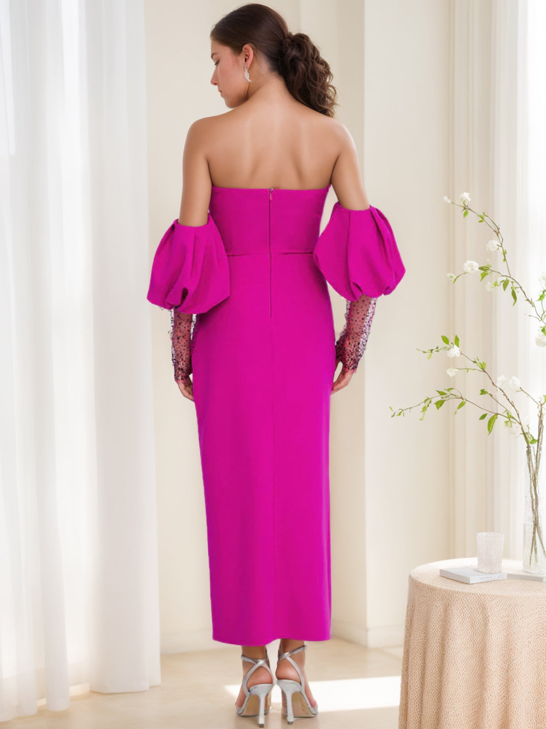 Sheath/Column Strapless Half Sleeves Ruched Evening Dresses with Split Side & Sequins