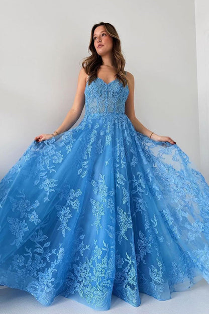 Blue Spaghetti Straps Tulle Appliques Long Prom Dresses