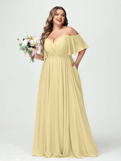 A-Line/Princess/Princess Spaghetti Straps Half Sleeves Chiffon Plus Size Bridesmaid Dresses with Pockets