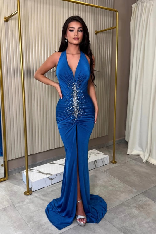 Royal Blue Halter V-Neck Split Beaded Prom Dress ZT0578