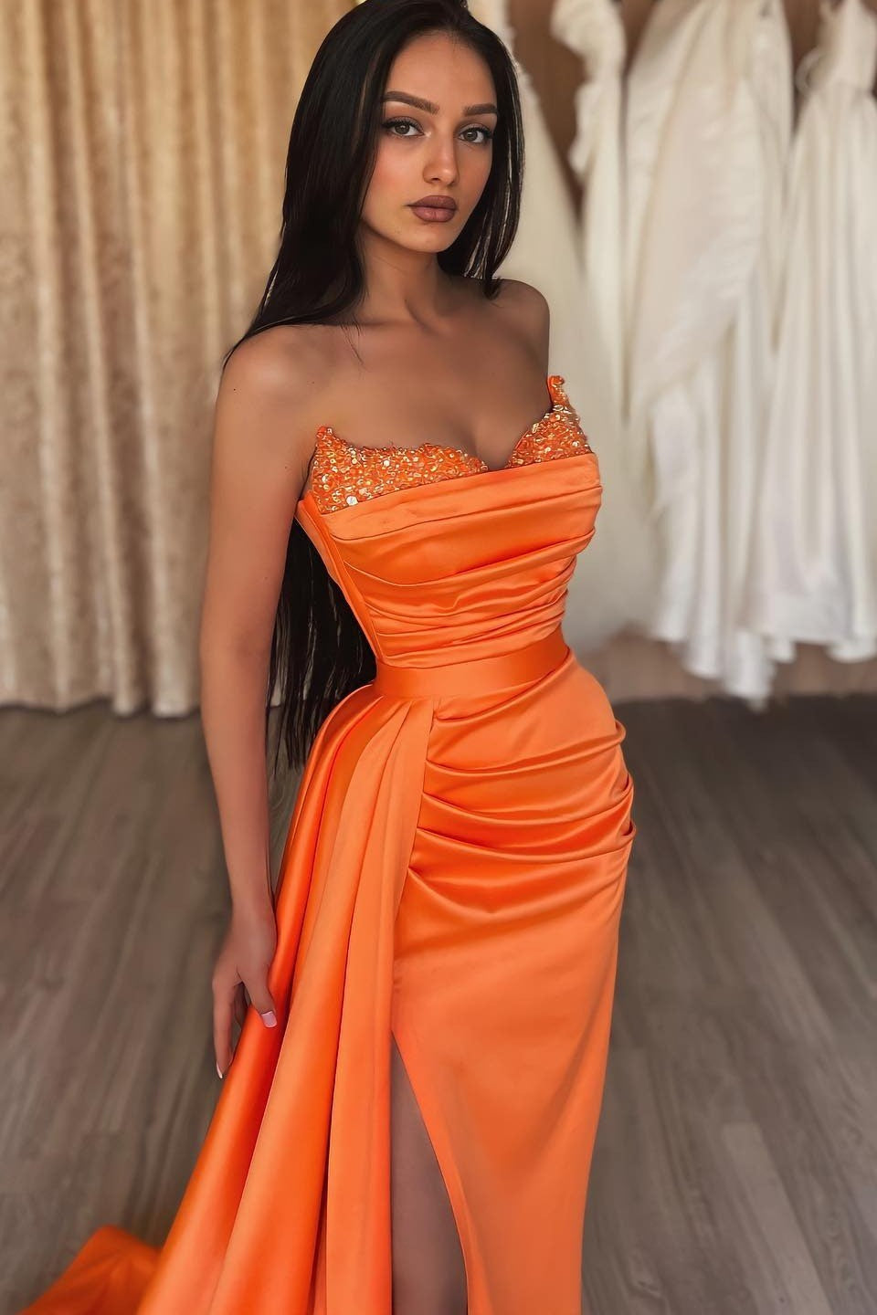 Orange Strapless Long Mermaid Prom Dress Split With Ruffles PD0857