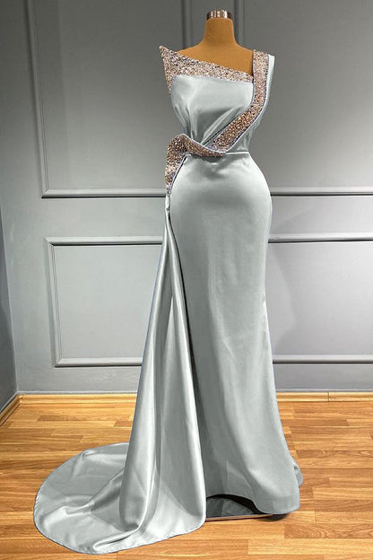 Light Blue One-Shoulder Sleeveless Long Beads Mermaid Prom Dress With Ruffles ED0076