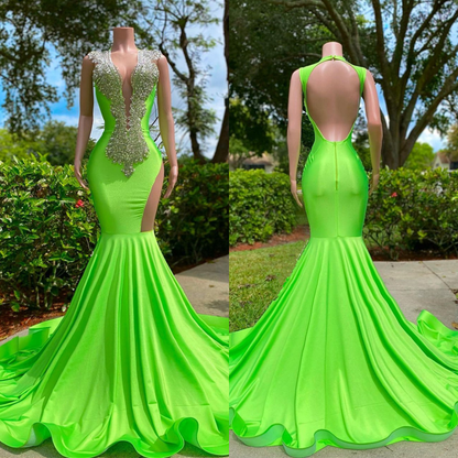 Sexy Mermaid Prom Dress Green Sleeveless Cut Out Long Appliques YL0102