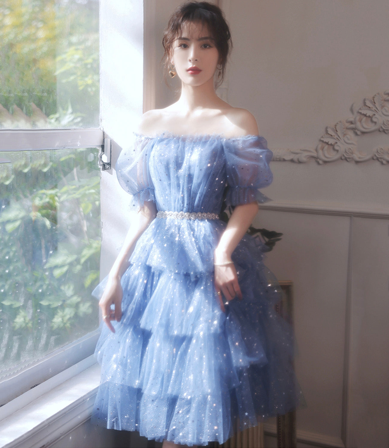 Blue tulle short A line prom dress homecoming dress  8897