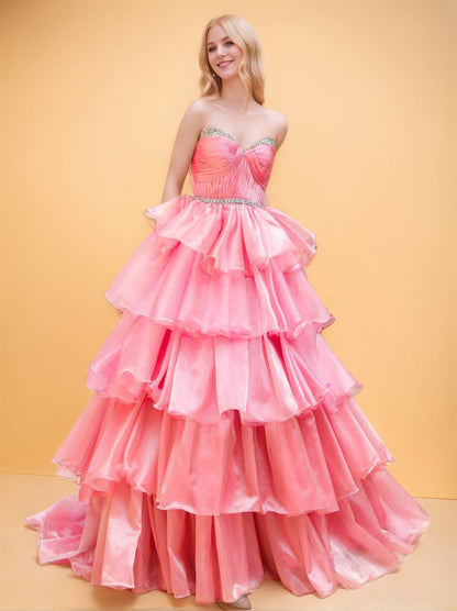 Ball Gown Sweetheart Sleeveless Floor-length Organza Long Prom Evening Dresses With Tiered & Ruched