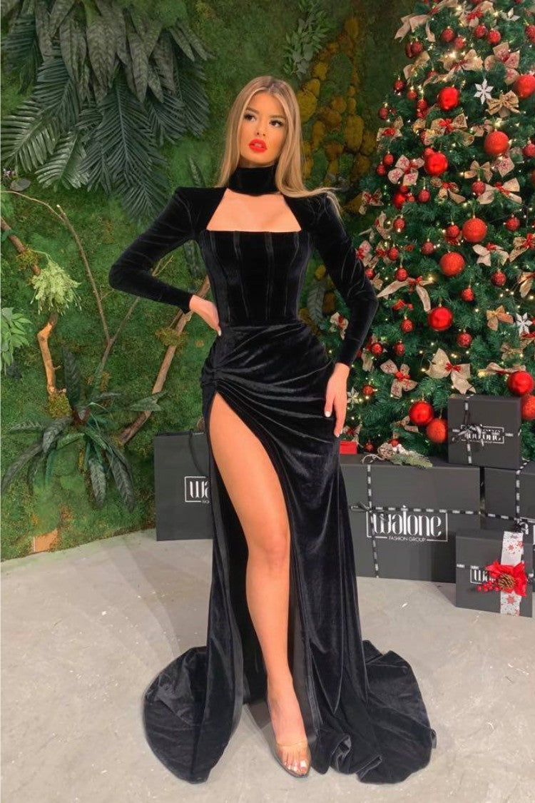 Prom Dress Black Velvet Long Sleeves With High Slit Halter YL0275