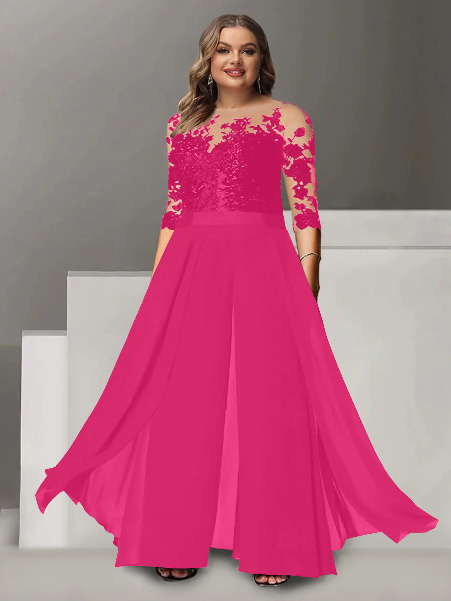 A-Line/Princess Jewel Neck 3/4 Length Sleeves Floor-Length Plus Size Mother of the Bride Pantsuits with Applique