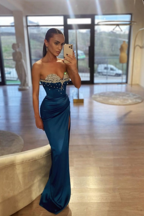 Blue Sweetheart Split Beaded Sheath Strapless Prom Dress ZT0535