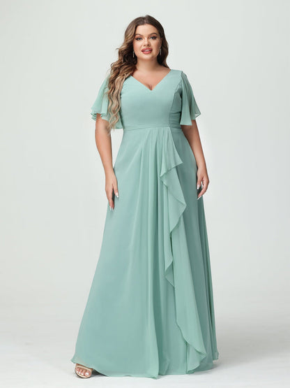 A-Line/Princess V-Neck Half Sleeves Chiffon Plus Size Bridesmaid Dresses with Split Side & Ruffles