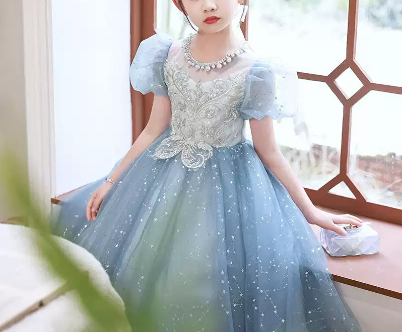 Beading Round Neck Short Sleeves Princess Girl Party Dress with Crystal Appliques