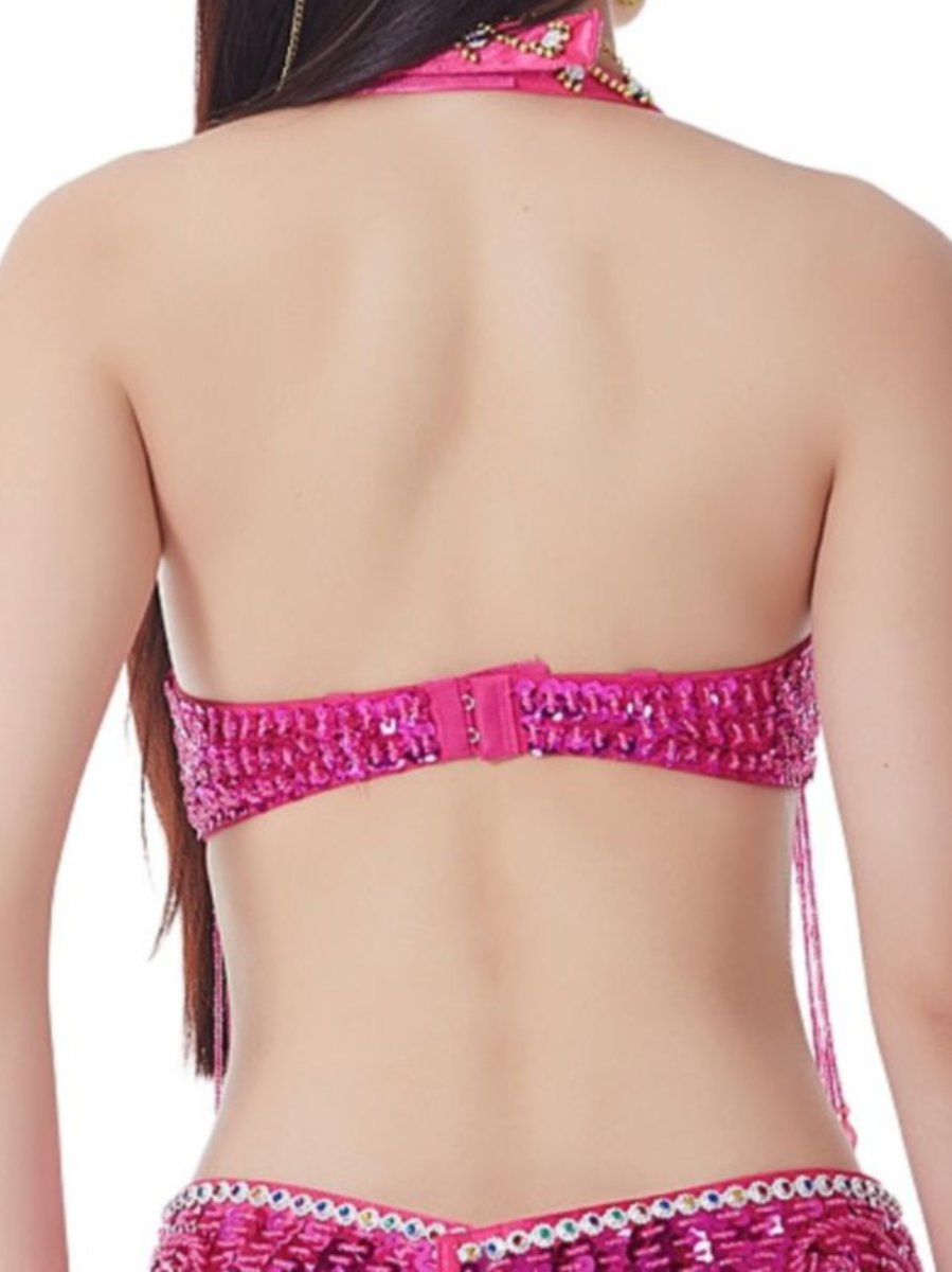 Sexy Belly Dancewear Halter Sequins Tassel Sleeveless Bra with Rhinestone & Beading