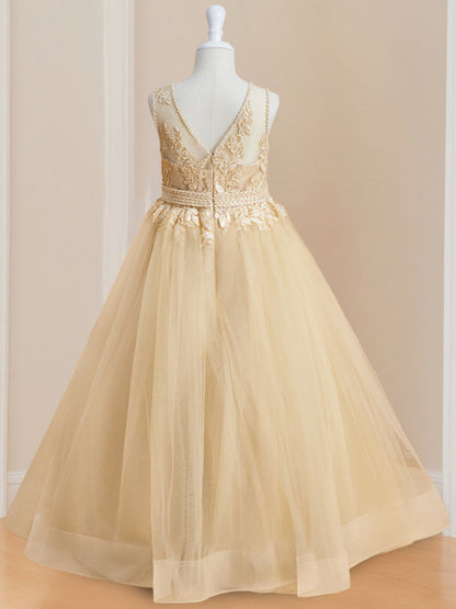 Ball-Gown Round Neck Sleeveless Floor-Length Flower Girl Dress with Appliques