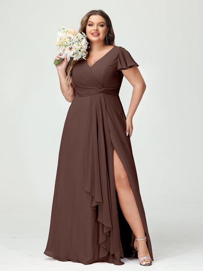 A-Line/Princess V-Neck Short Sleeves Chiffon Ruffles Split Side Plus Size Bridesmaid Dresses with Pockets