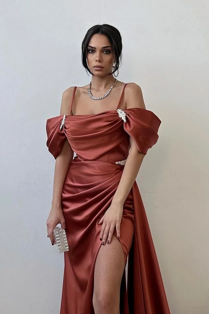 edgynewlook Exquisite Satin Spaghtti Strap Off the Shoulder Long Split Prom Dress with Beadings