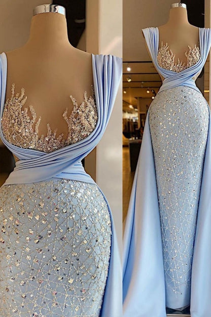 Lovely Luxurious Baby Blue Appliques Neckline Sequins Prom Dress With Long Skirt ZT0152