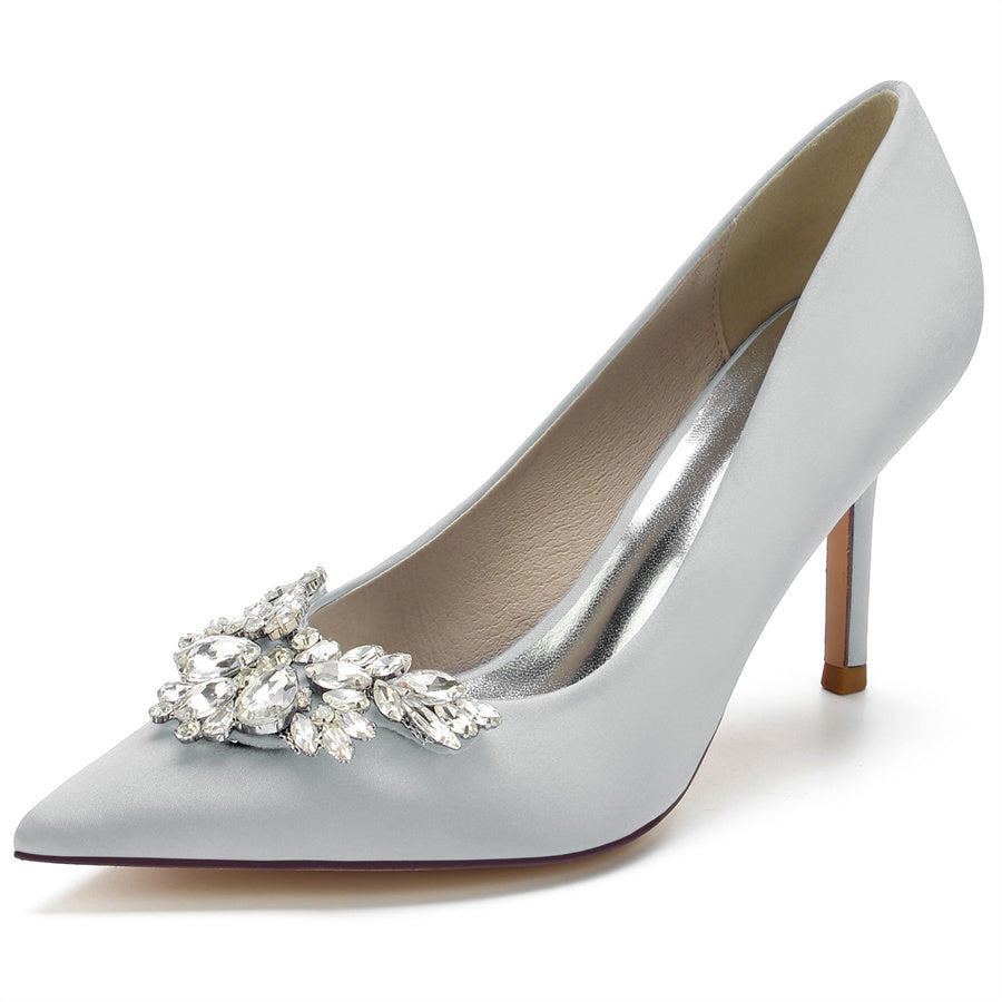 Women's Wedding Silk Satin Pointed Toe High Heel Bridal Shoes with Rhinestones