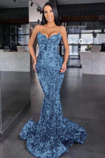 edgynewlook Sweetheart Royal Blue Spaghetti Strap Mermaid Prom Dress With Sequins