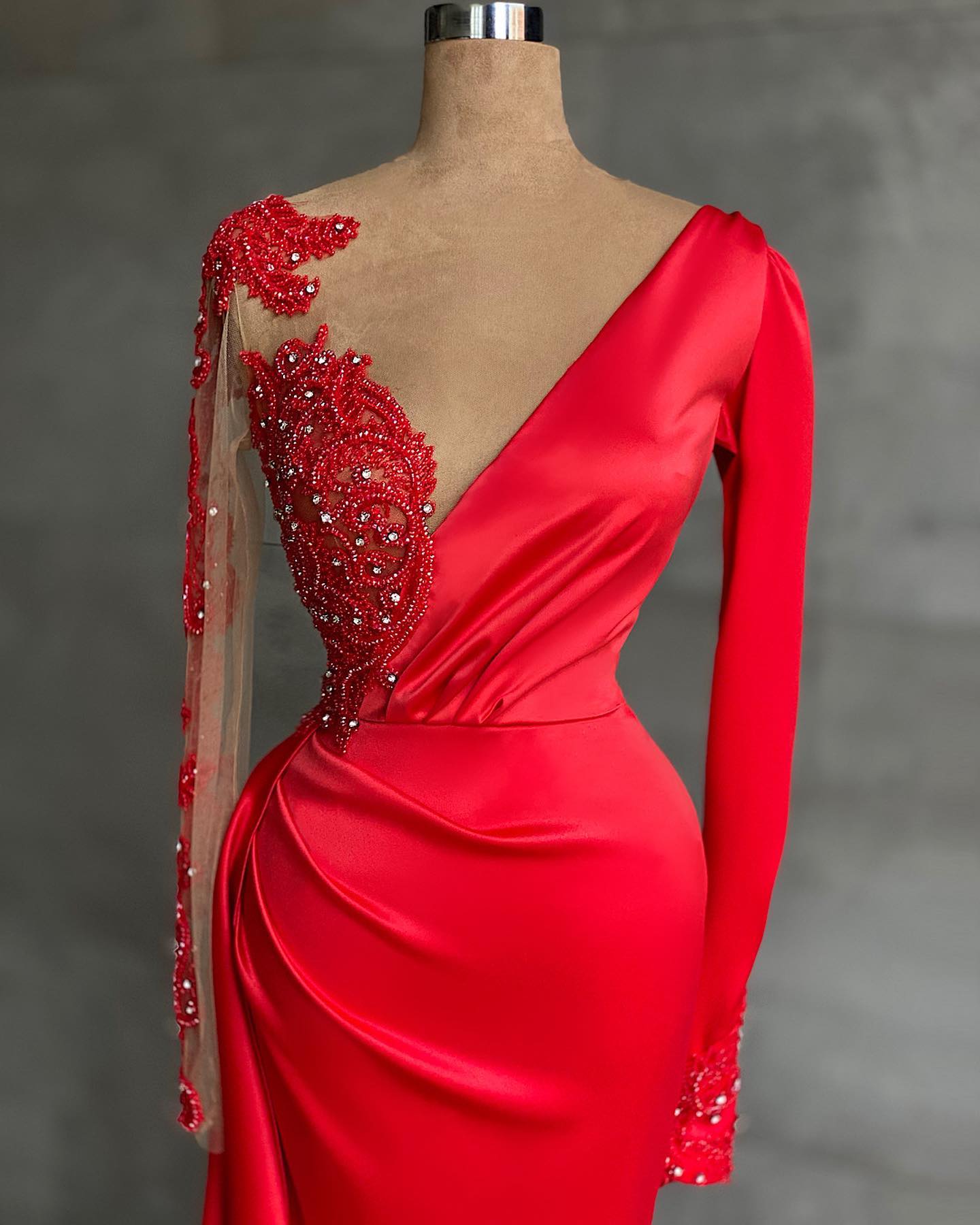 Red Long Sleeves Prom Dress Mermaid PD0176