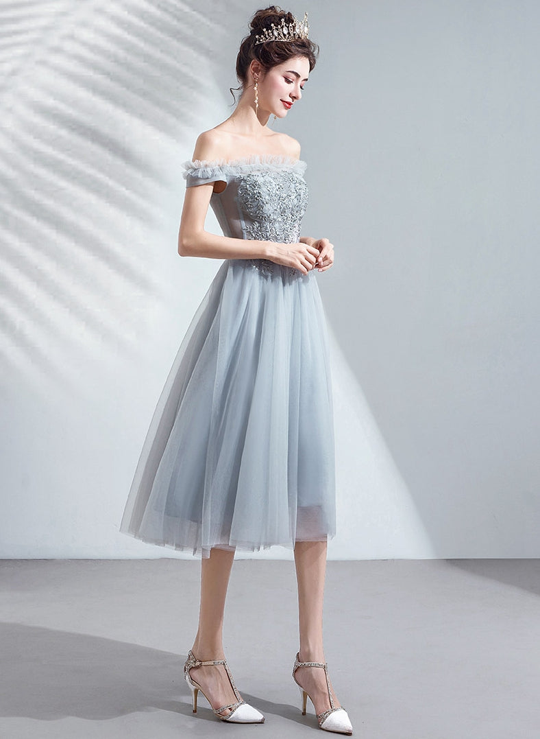 Gray tulle lace short prom dress cocktail dress  8203