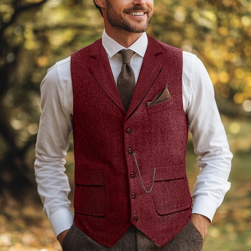 Men's Herringbone Standard Fit Notch Single Breasted Five-buttons Tweed Vest