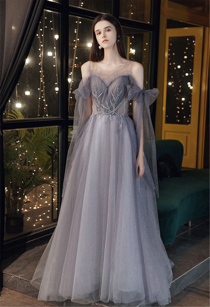 Gray Blue Prom Dress Stunning Glitter Tulle Bridesmaid Dress Long Tulle Sleeves Graduation Dress Illusion Evening Dress Floor Length gh2232