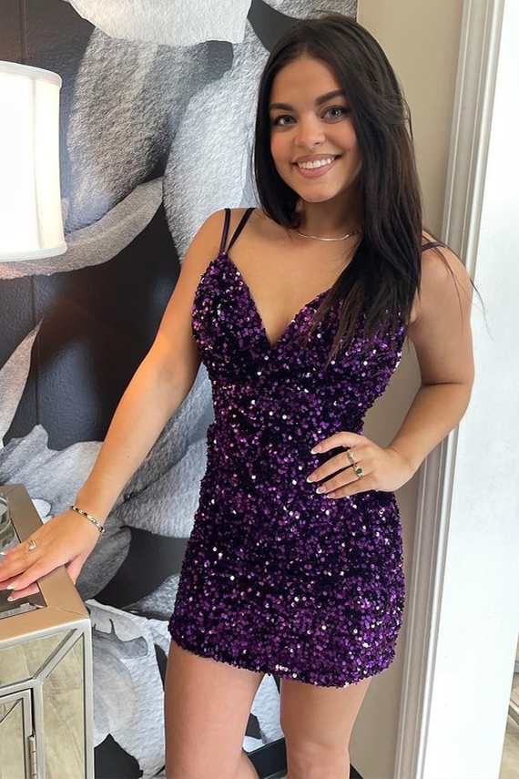 Purple Sequin V-Neck Backless Cocktail Dress     fg1757